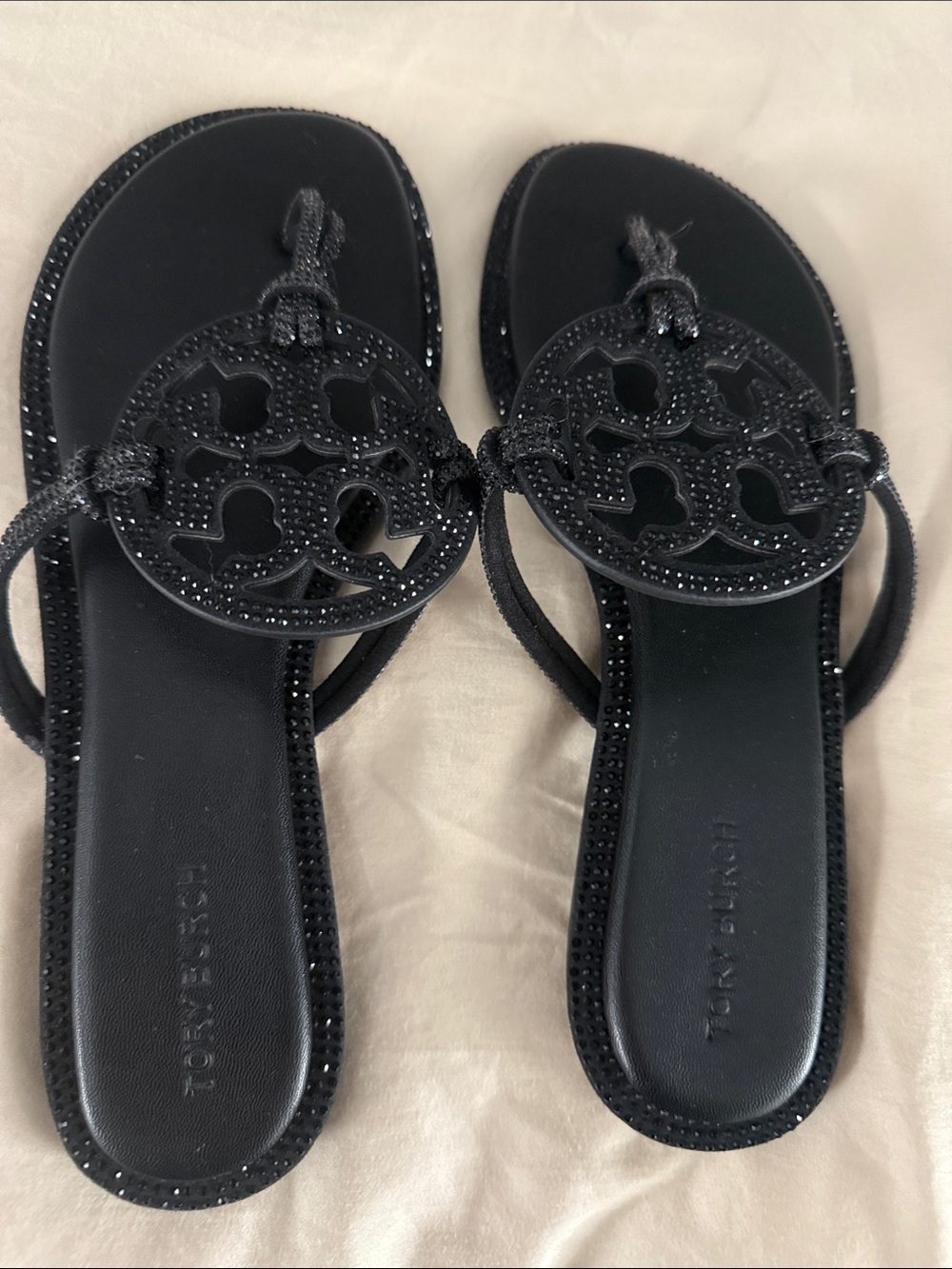 Tory Burch Black Logo Cutout Crystal-Trim Leather Sandals